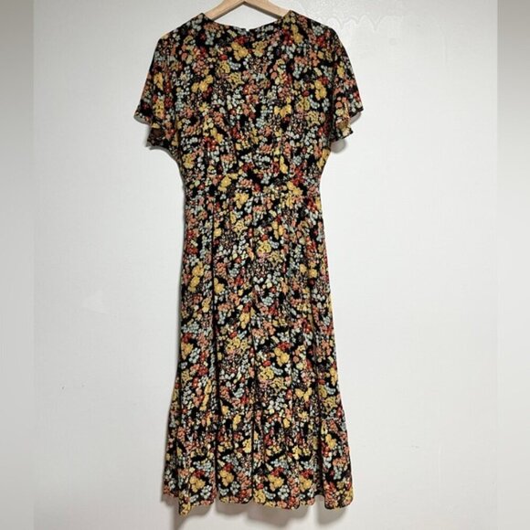 Madewell Floral Midi Dress – Size 4, V-Neck Flutter Sleeve Black Multi-Color - Picture 7 of 11